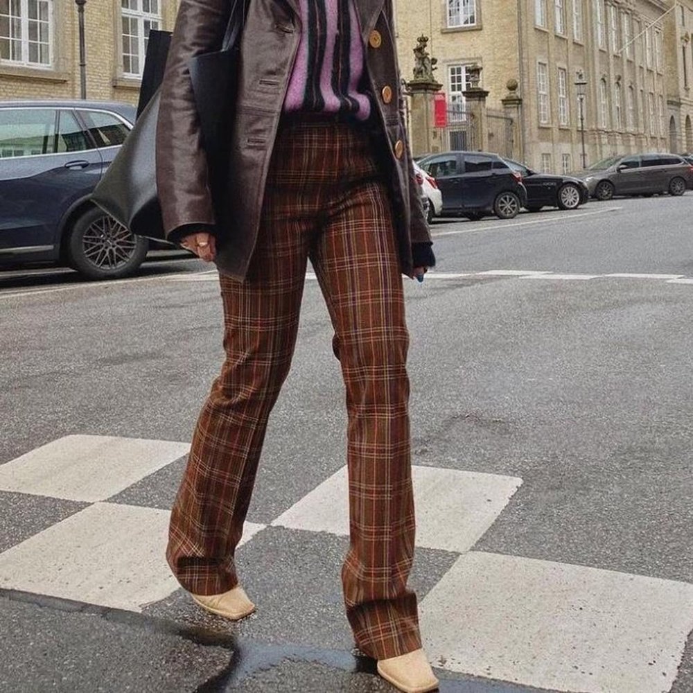 MM6 Maison Margiela Brown plaid flare trousers